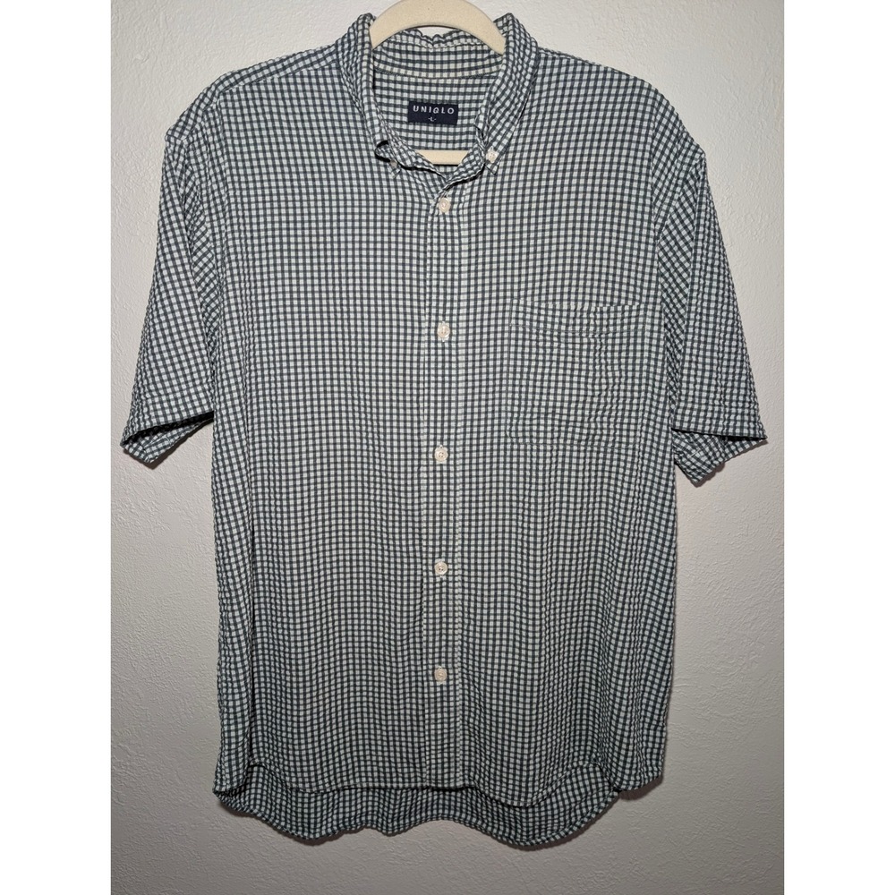 Uniqlo Seersucker Gingham Shirt Mens L Dark Grey Short Sleeve Preppy Classic